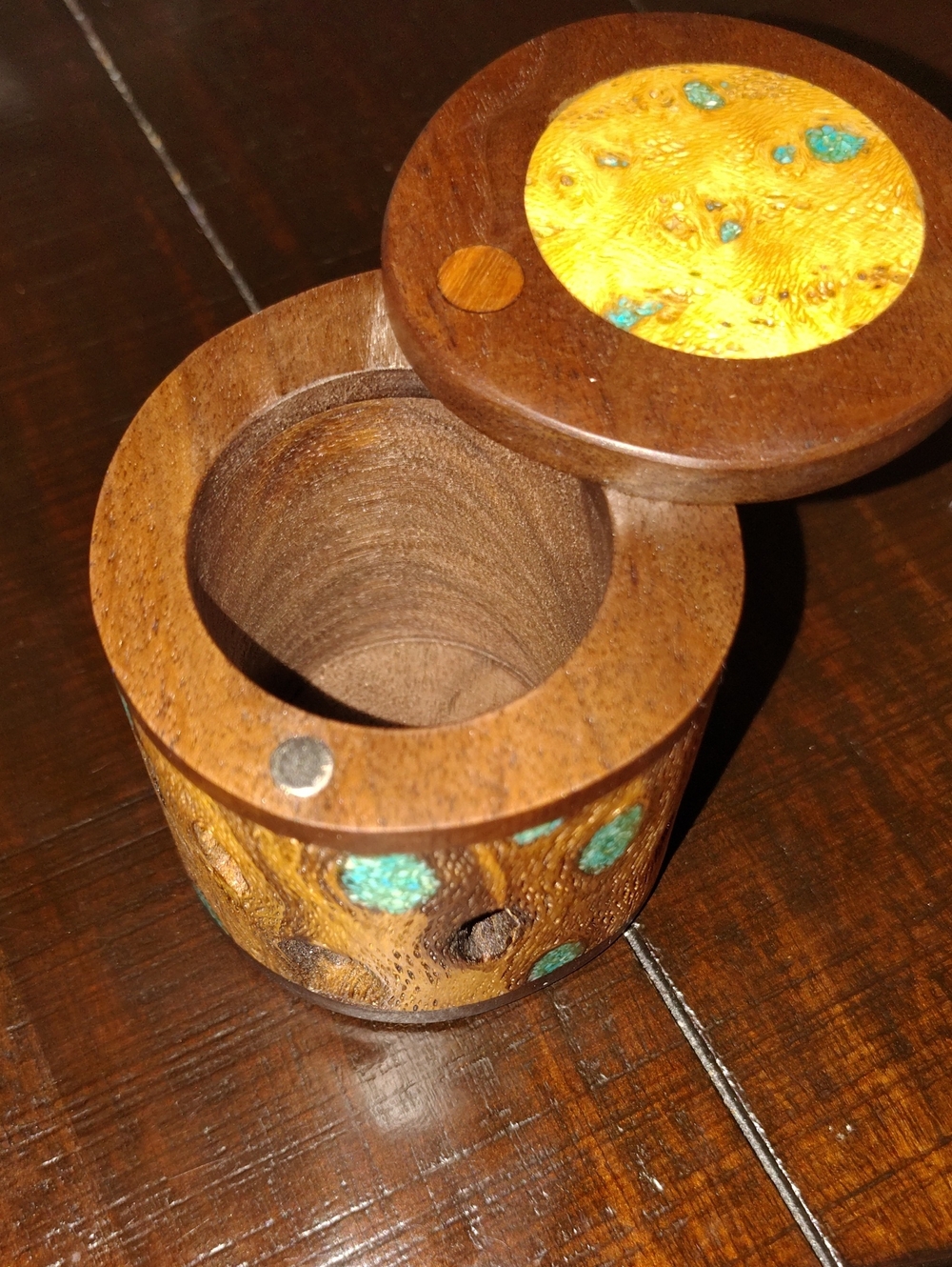 Handcrafted Brown Wooden Accent Box with Turquoise Inlay